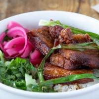 Pork Belly Bowl · Tender pork belly glazed with sweet spicy soy and fermented bean glaze with grilled scallion...