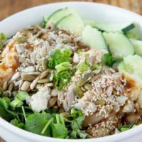 KMG Salad · Poached chicken with a ginger and fermented soybean sauce on side,sliced cucumbers and cilan...