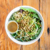 Side Salad · Organic tender greens with sprouts and seeds with a tamarind vinaigrette with lime & palm su...