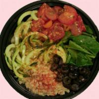 Extra Keto Zoodle Bowl · Chilled Zoodles, Seasoned Cauliflower Rice, spinach, olives and diced tomatoes tossed in bal...