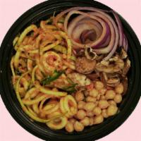 Tikka Masala Zoodle Bowl · Chilled Zoodles, Garbanzo Beans, Mushrooms, Pickled Onions tossed in Tikka Masala Sauce