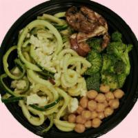 Balsamic Zoodle Bowl · Chilled Zoodles, Garbanzo Beans, Broccoli, Mushrooms and feta cheese tossed in Balsamic Dres...