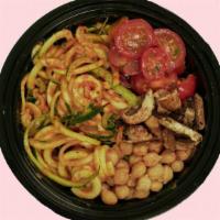 Sriracha Zoodle Bowl · Chilled Zoodles, Minced Garlic, Pickled Onions, Diced Tomatoes and green bell peppers tossed...