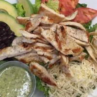 Cocula Salad · Grilled chicken, romaine lettuce, spinach, tomatoes, onions, corn avocado, black beans deep ...