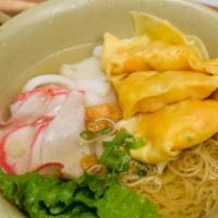 #35. Hủ Tiếu Mì Sủi Cảo · Shrimp wonton rice and egg noodle soup (comes w/ BBQ pork)