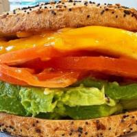 Ultimate Bagel (Egg + Cheese + Tomato + Avocado) (Vegan) · A freshly toasted bagel of your choice with avocado, tomato, folded egg and your choice of c...