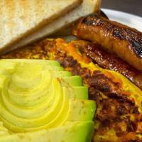 Ultimate Breakfast Platter (Beyond Breakfast Sausage Links + Scramble + Avocado +  Cheese) (Vegan) · Made fresh to order, our plant-egg scramble with cheese of your choice, 3 Beyond Breakfast s...