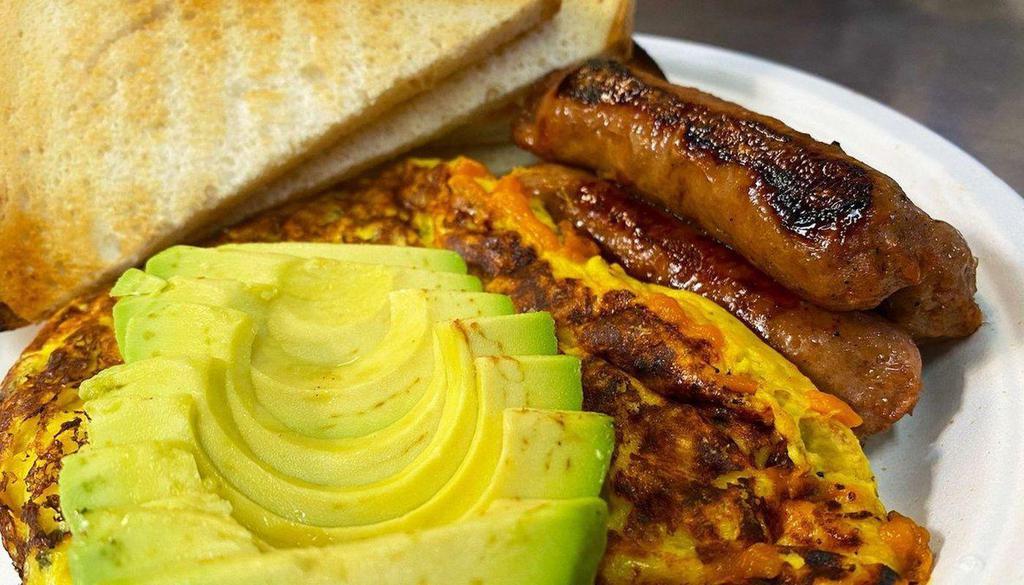 Ultimate Breakfast Platter (Beyond Breakfast Sausage Links + Scramble + Avocado +  Cheese) (Vegan) · Made fresh to order, our plant-egg scramble with cheese of your choice, 3 Beyond Breakfast sausage links, avocado, and choice of two sides.

✅ Gluten-free
✅ Vegan 
✅ 100% Natural Non-GMO ingredients