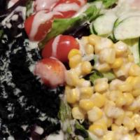 301. House Salad · Salad mixed with corn, cucumber, tomato, and seaweed.