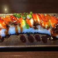917. Dragon Roll · Shrimp tempura, crab meat, top with BBQ eel, avocado, fish roe, sesame and green onion.