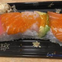 918. Rainbow Roll · California roll, top with salmon, hamachi and tuna.
