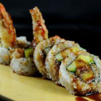 912. Shrimp Tempura Roll · Shrimp tempura, avocado and cucumber, top with fish roe.