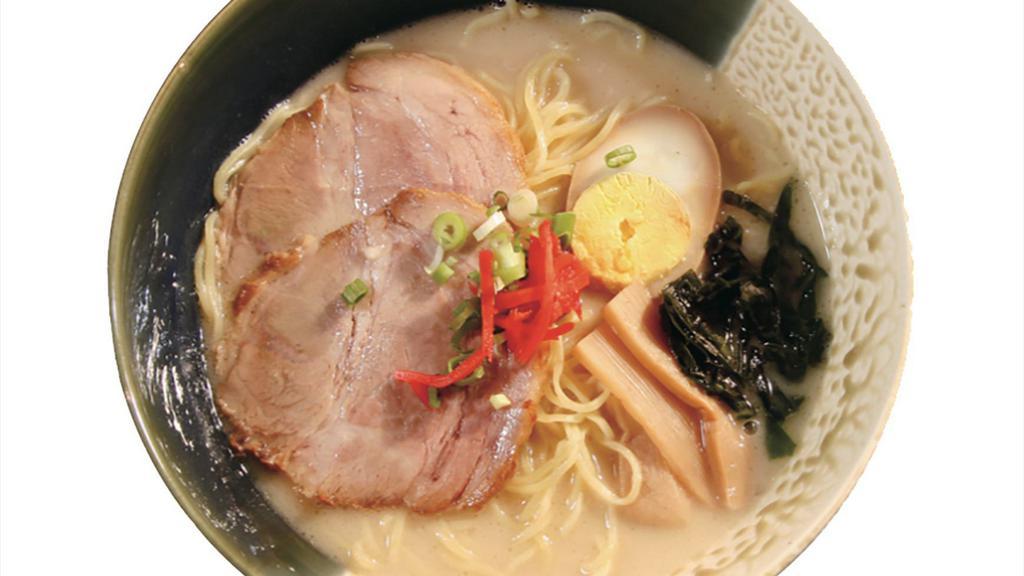 601. Tonkotsu Ramen · Milky pork flavor soup with sliced chashu, bamboo, fungus, egg, red ginger and green onion.
