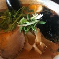 607. Spicy Miso Ramen · Spicy Bean paste pork flavor soup with sliced chashu, bamboo, bean sprouts, dried seaweed, e...