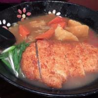 612. Katsu Curry Ramen · Spicy. Deep fried breaded pork cutlet with curry sauce, and green onion.