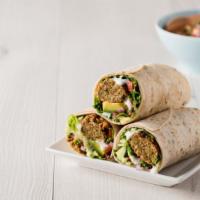 Falafel Wrap with Jalapeños · Fresh wrap made with Falafel, jalapeños, tomatoes, cucumbers, lettuce, onions, and mayo.