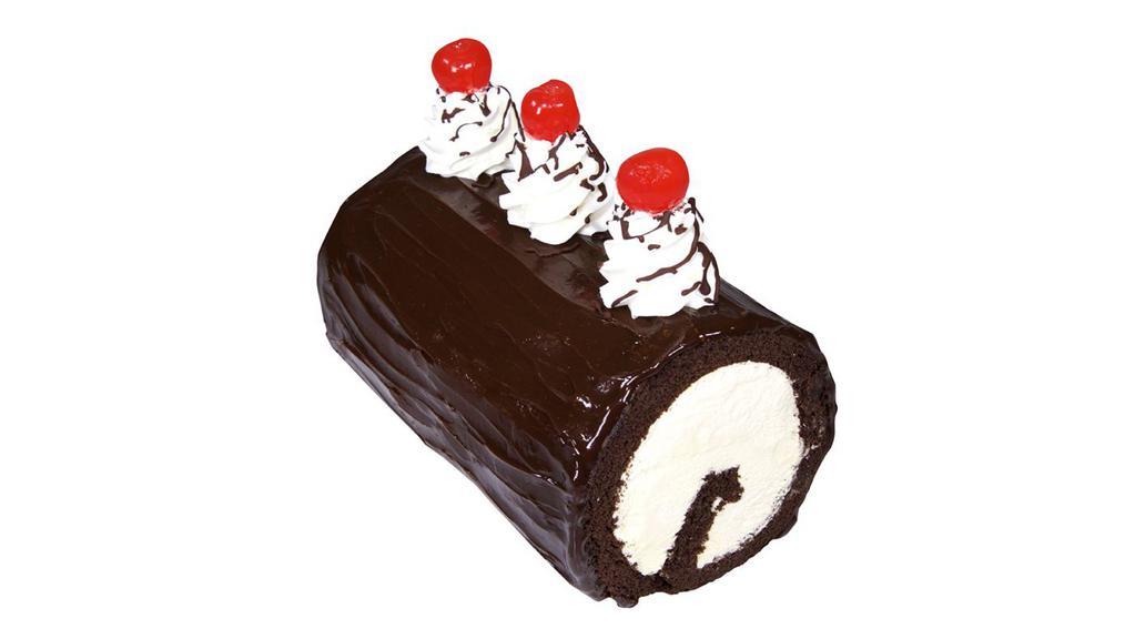 Fudge Roll Cake · Delight in a classic combination of ice cream and chocolate cake rolled together and deliciously covered in fudge, decorated with cherry-topped rosettes.