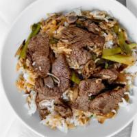 Mongolian Steak · Sesame and soy marinated steak, green onion sticks, fried shallots, gochujang infused mongol...
