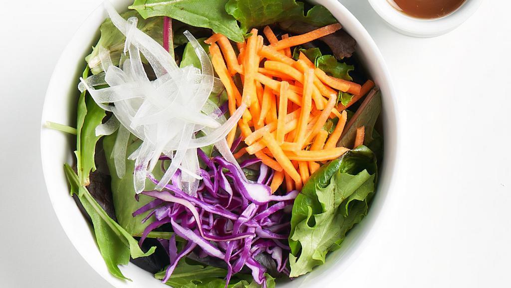 Mixed Green Salad [V.GF] · Organic mixed greens, carrot, onion & red cabbage w/ house-made no-oil dressing