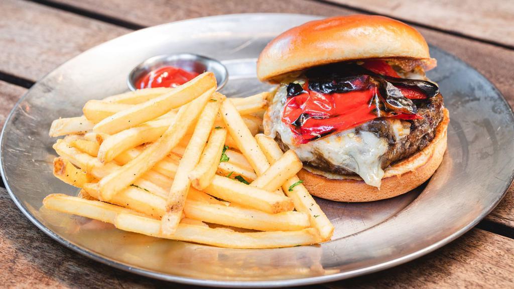 Bison Burger · Bacon-infused jalapeno jam, charbroiled tri-color peppersSpicy Fresno Chile / bacon-infused jalapeño jam / smoked mozzarella / whiskey caramelized onions