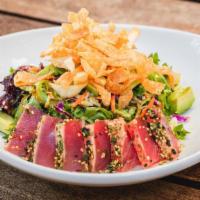 Seared Furikake Crusted Ahi Tuna Salad · pan-seared ahi tuna / spring mix / cabbage / carrot / green onions / cilantro / crispy wonto...