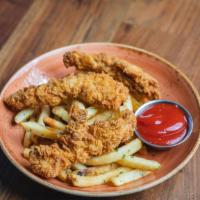 Chicken Tenders · Served with a side of fruit or French fries and beverage.