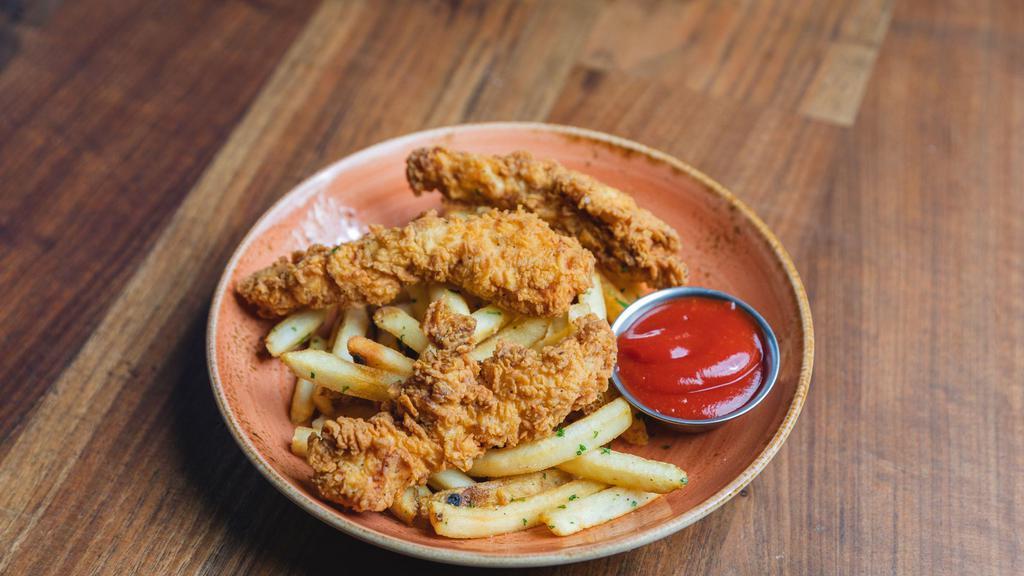 Chicken Tenders · Served with a side of fruit or French fries and beverage.