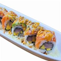 Mango Crunch · NO SUBSTITUTION, INGS: Hamachi, Mango topped with Salmon, Avocado, Tempura  Crumbs, and Sauce