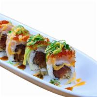 Matthew Roll · NO SUBSTITUTION, INGS: Spicy Tuna, Onion Tempura topped with Red Tuna, Avocado, Green Onion,...