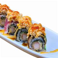 Specialized Roll · NO SUBSTITUTION, INGS: Shrimp Tempura, Cucumber topped with Red Tuna, Unagi, Avocado, Spicy ...