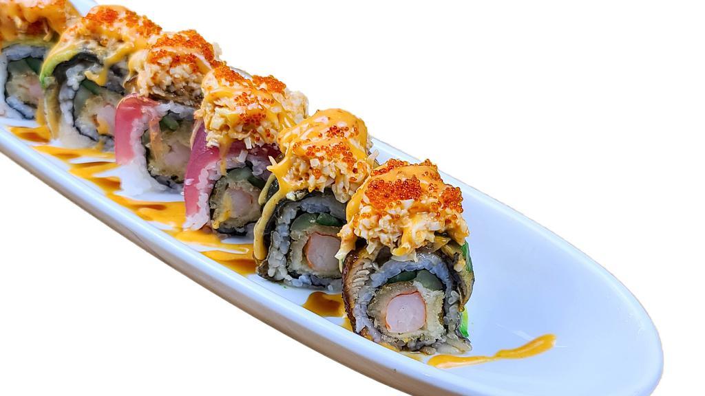 Specialized Roll · NO SUBSTITUTION, INGS: Shrimp Tempura, Cucumber topped with Red Tuna, Unagi, Avocado, Spicy Crab, Tobiko, and Sauce
