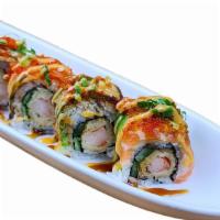 Mr. Al Roll · NO SUBSTITUTION, INGS: Shrimp Tempura & Cucumber topped with Salmon, Unagi, Avocado, Tobiko,...