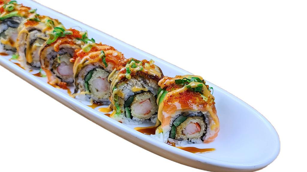 Mr. Al Roll · NO SUBSTITUTION, INGS: Shrimp Tempura & Cucumber topped with Salmon, Unagi, Avocado, Tobiko, Green Onion, and Sauce