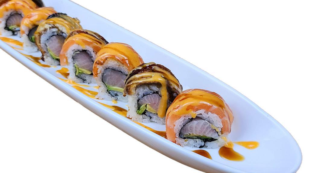 Tiger Roll · NO SUBSTITUTION, INGS: Hamachi, Avocado topped w/ Salmon, Unagi, and Sauce