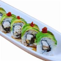 Caterpillar Roll · NO SUBSTITUTION, INGS: Eel, Crab topped with Avocado, Tobiko, and Sauce