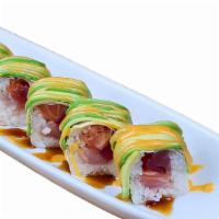 T.G.I Friday · NO SUBSTITUTION, INGS: Tuna, Salmon, and Hamachi wrapped w/ Soy Wrap topped w/Avocado and Sa...