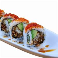 Spiderman 1  · NO SUBSTITUTION, INGS: Soft Shell Crab, Cucumber, Avocado, Tobiko, and Sauce