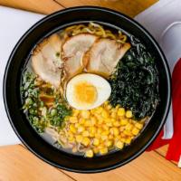 Spicy Ramen · Smoked Pork, Boiled Egg, Corn, Seaweed, Green Onion Topping, Chicken base soup with special ...