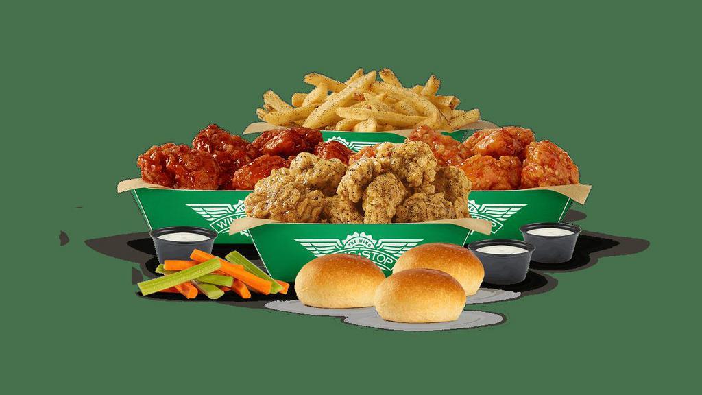 25Pc Boneless Family Bundle · 25 Boneless wings with up to 3 flavors, large fries, veggie sticks, 3 dips, and 3 fresh baked rolls. (Feeds 3-4)