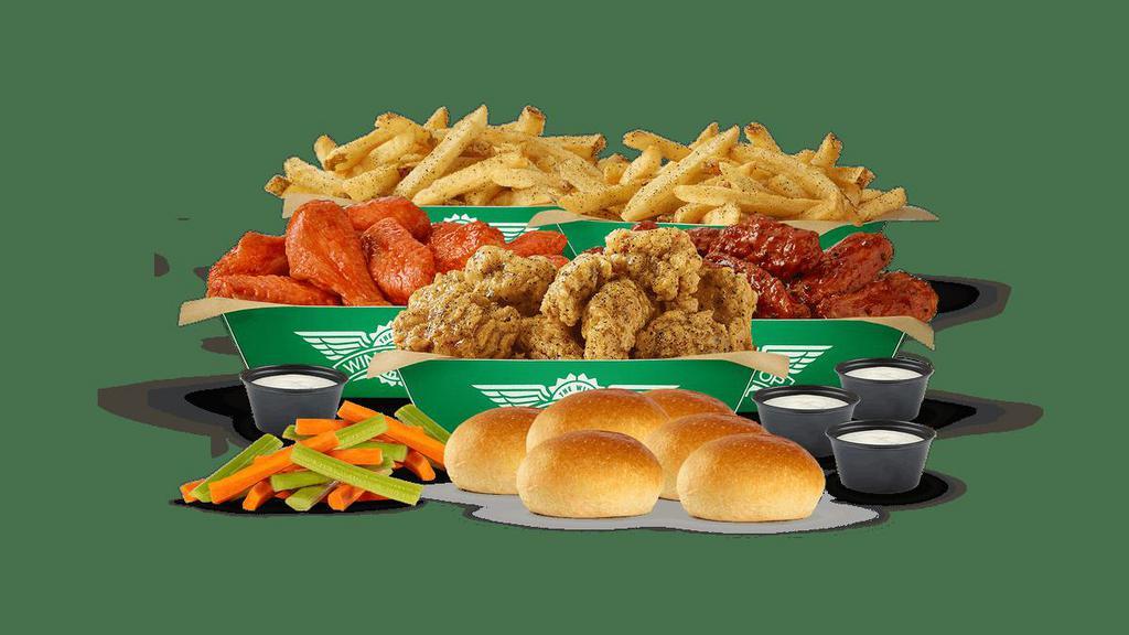 35Pc Boneless Family Bundle · 35 Boneless wings with up to 4 flavors, 2 large fries, 2 veggie sticks, 4 dips, and 6 fresh baked rolls. (Feeds 4-5)