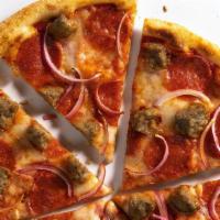 Meat Eater (Large) · Our Chef’s signature recipe includes pepperoni, crumbled meatballs, onions, mozzarella, and ...