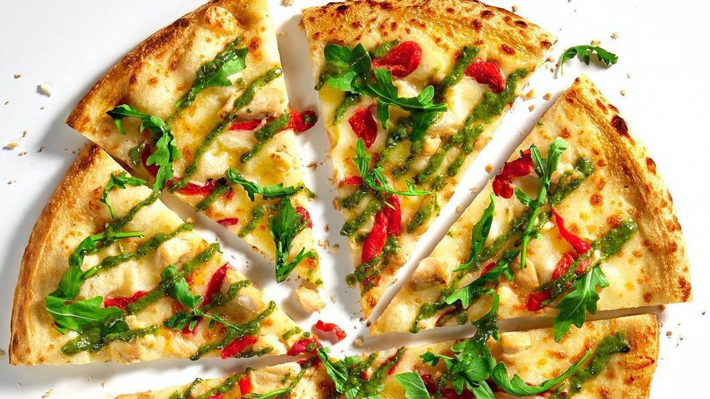 Green Stripe (Large) · Our Chef’s signature recipe includes pesto drizzle over grilled chicken, roasted red peppers, chopped garlic, mozzarella and arugula. Limited substitutions. Want to customize with unlimited toppings? Try our Build Your Own Pizza instead!