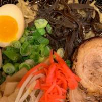 Sasuke Ramen (Tonkotsu) · Egg, pork, Wakame seaweed,corn, red ginger and green onions. *Mushroom unavailable