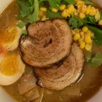 Spicy Miso Ramen · Bean sprout, Corn, Bambooshoot, Chashu, Greenonion, Egg.  Note that our miso uses walnuts.