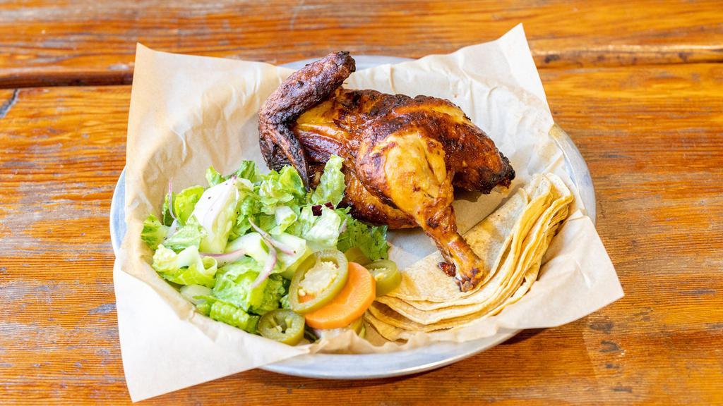 Rotisserie Chicken Plate · Petaluma Poultry or Mary´s Free Range Chicken, no antibiotics no hormones. Comes with salad and corn tortillas.