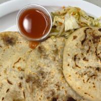 Pupusa Frijol Con Queso/ Bean And Cheese · Thick griddle cake or flatbread from El Salvador and Honduras, made with cornmeal, cheese an...