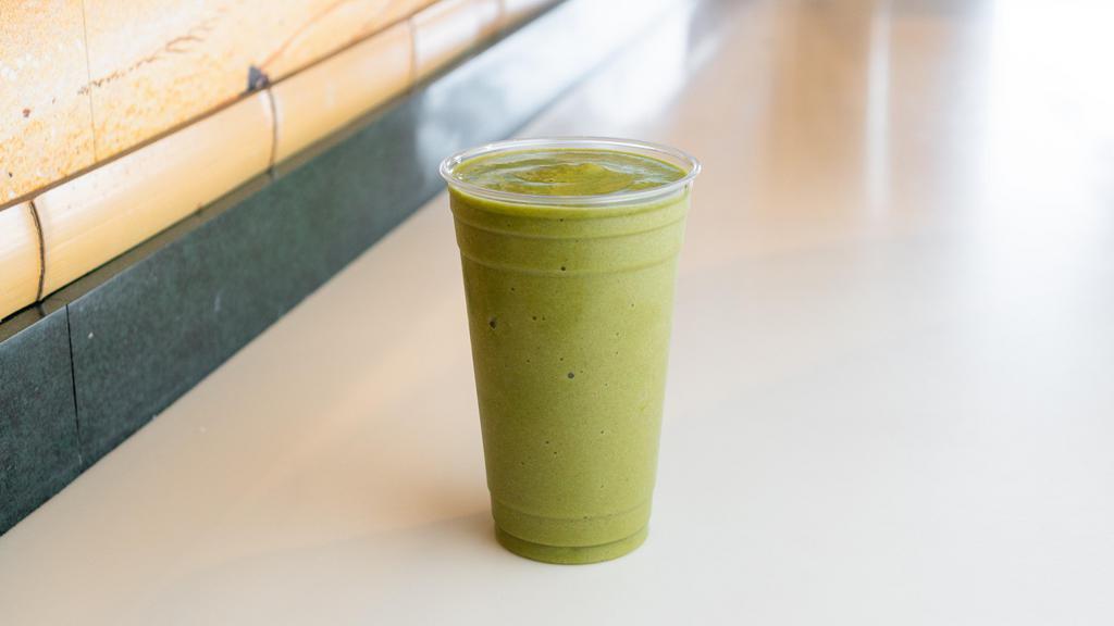 Green Pineapple Smoothie · Peach juice, strawberry, banana, spinach, pineapple and ice.