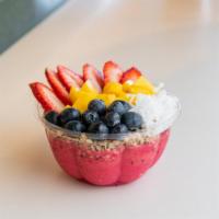 Pitaya Bowl · Blend: Pitaya, mango, pineapple, watermelon. Toppings: mango, strawberries, blueberries, gra...