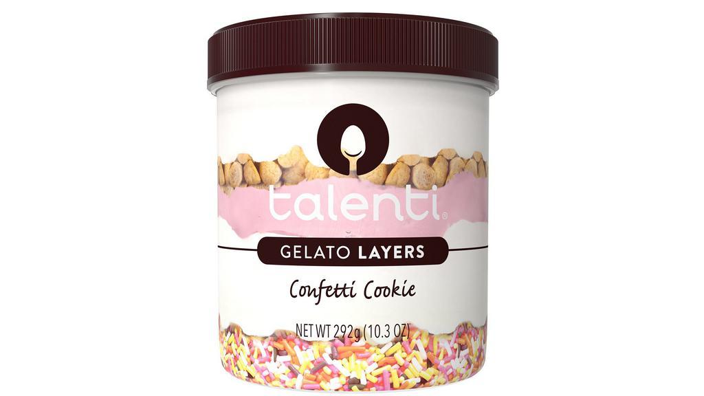 Talenti Layers Confetti Cookie · Vanilla gelato​, a layer of vanilla cookie pieces, followed by​ pink frosting​, another layer of vanilla gelato​, and a final layer of rainbow sprinkles​.