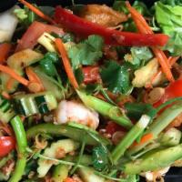 #18. Thai Seafood Salad · Spicy. Combination seafood with seasoned lime juice, chopped green onions, red onions, mint ...